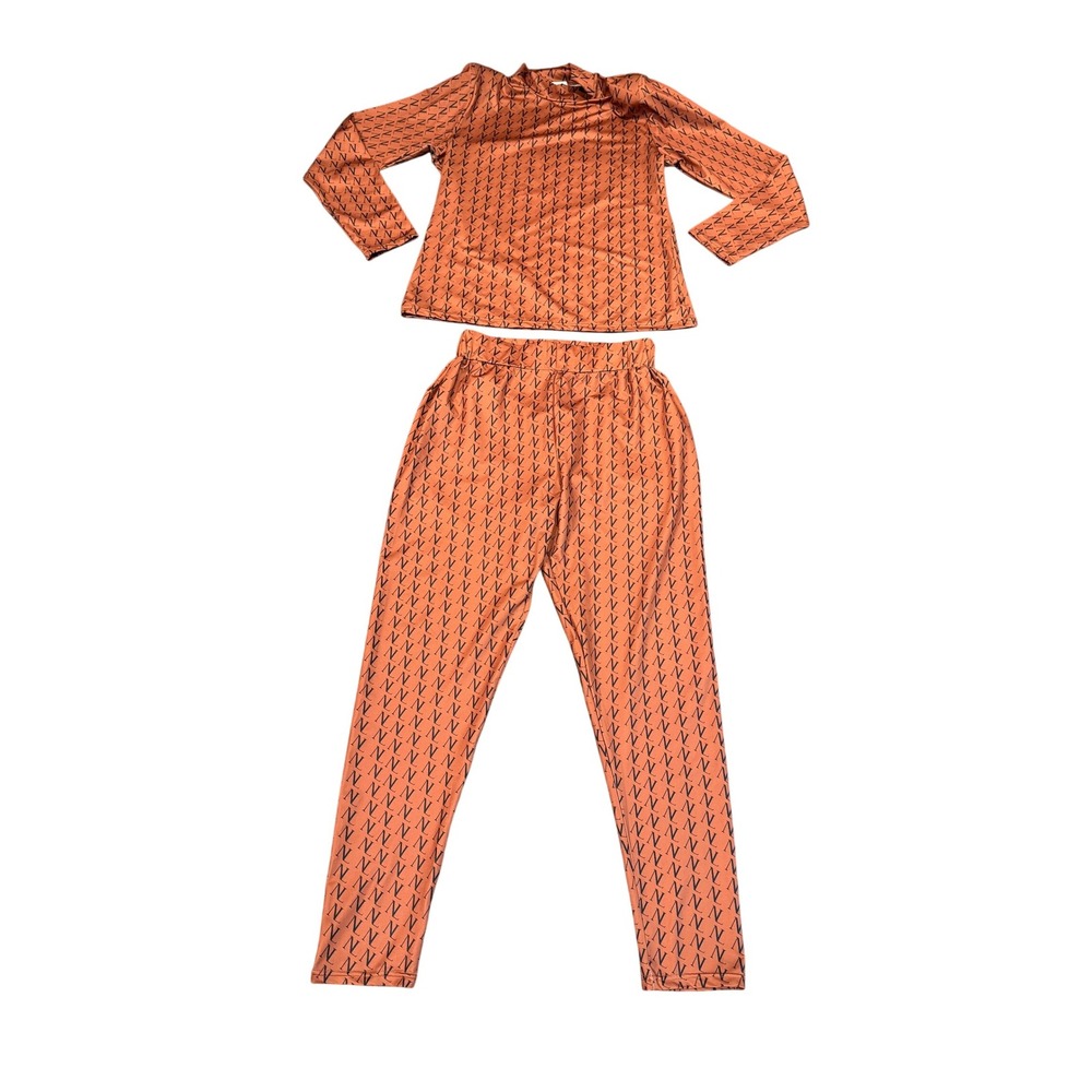 Nichole Lynel The Label Orange N Print Mock Neck Long Sleeve Top Pants‎ Set XL